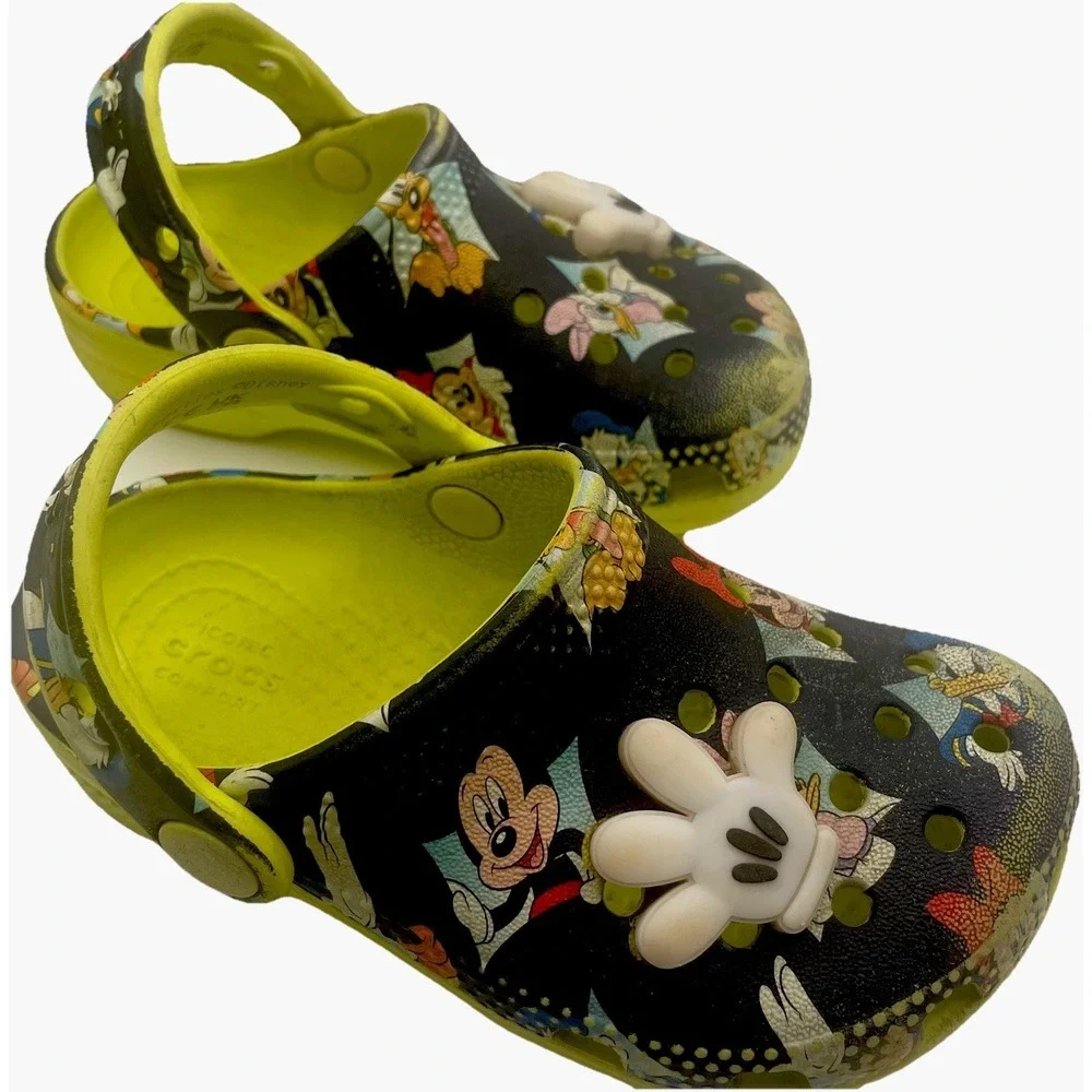 Disney Mickey Minnie Crocs Kids C8 Black Lime‎ Classic Clog Jibbitz Toddler