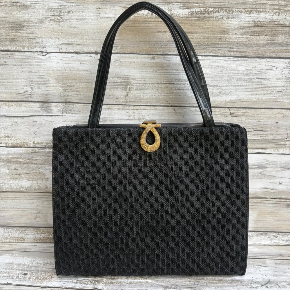 VTG Woven Fabric Framed Box Purse Handbag Small Black Gold Clasp 50s 60s Retro