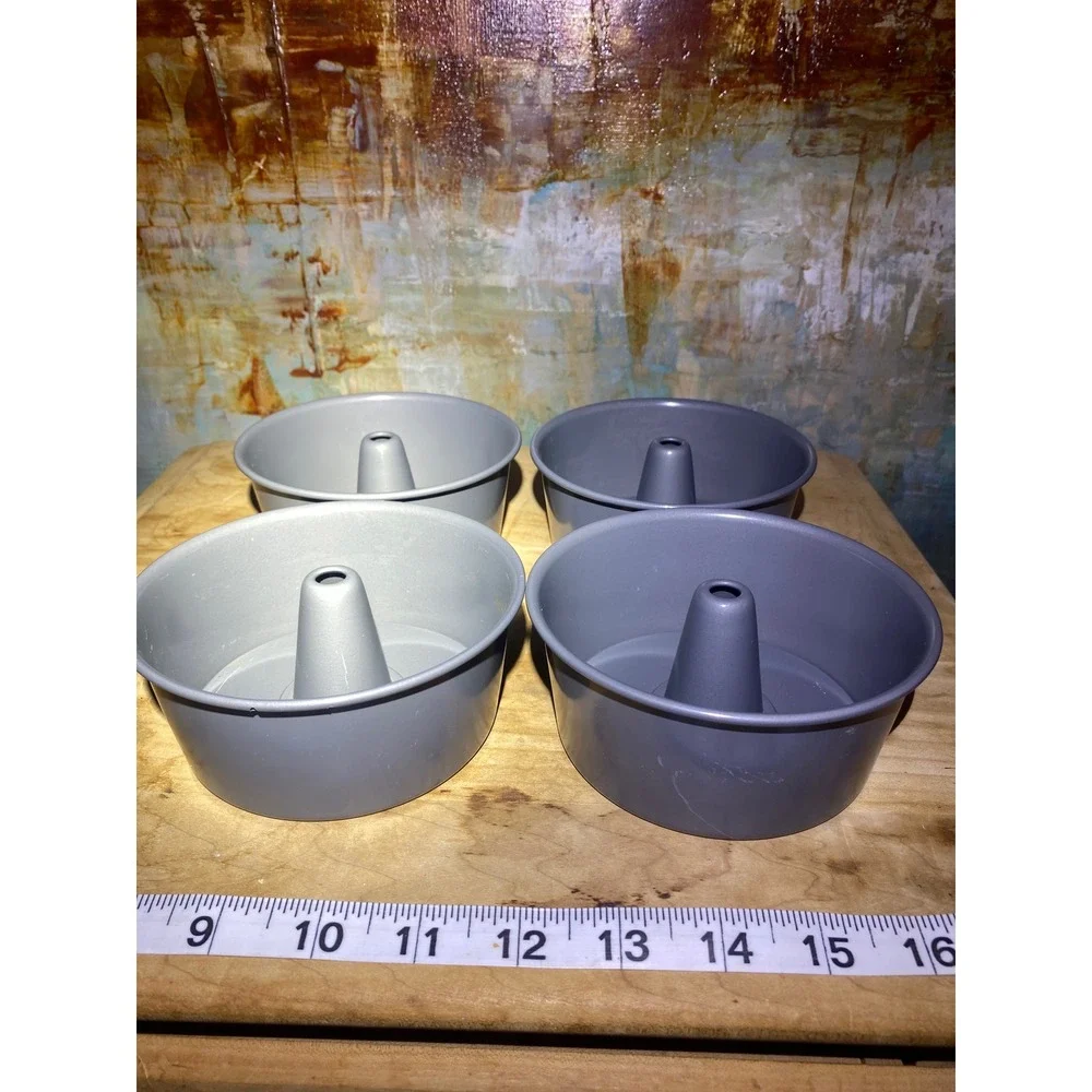 Set of‎ 4 Mini Angel Food Cake Pans 4 Inch Removable Bottom Non-Stick Gray Metal
