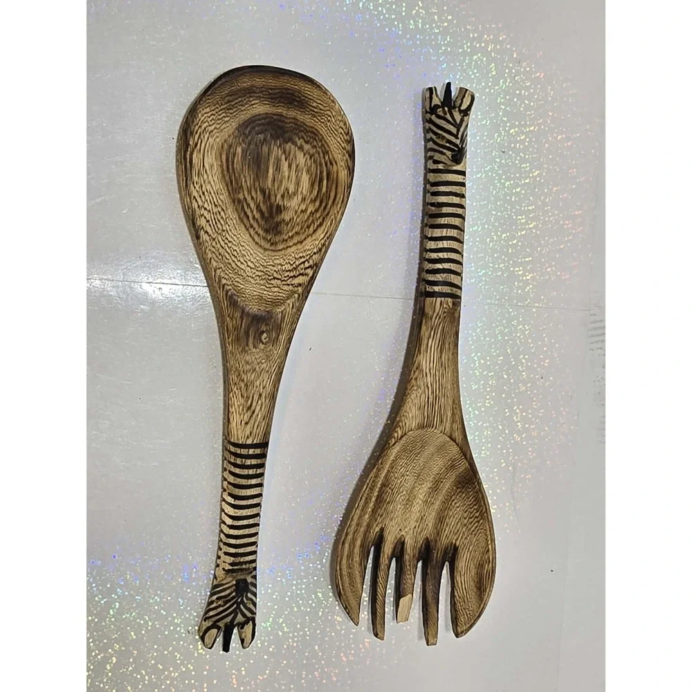 🦓‎ Vintage Hand Carved Zebra Wood Salad Server Set – Rustic Safari 🦓