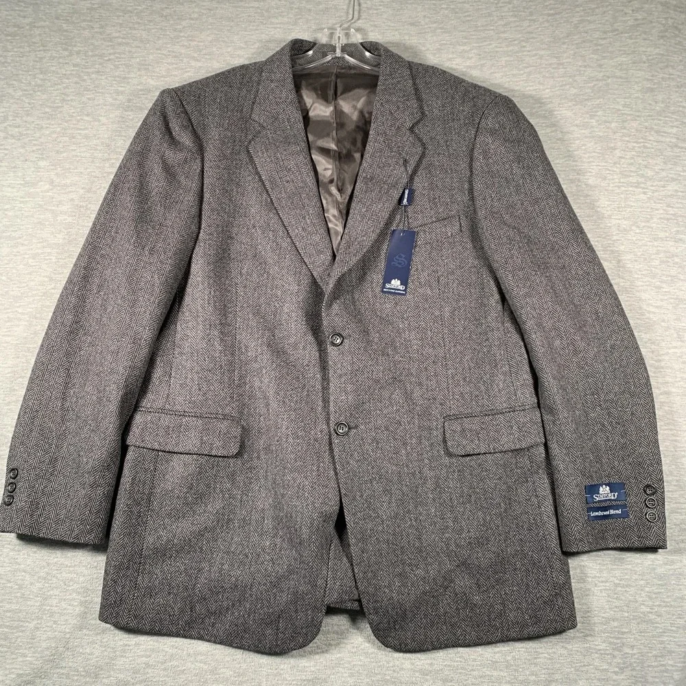 Stafford Blazer Mens 46‎ Long Gray Herringbone Lambswool Blend Sport Coat Wool