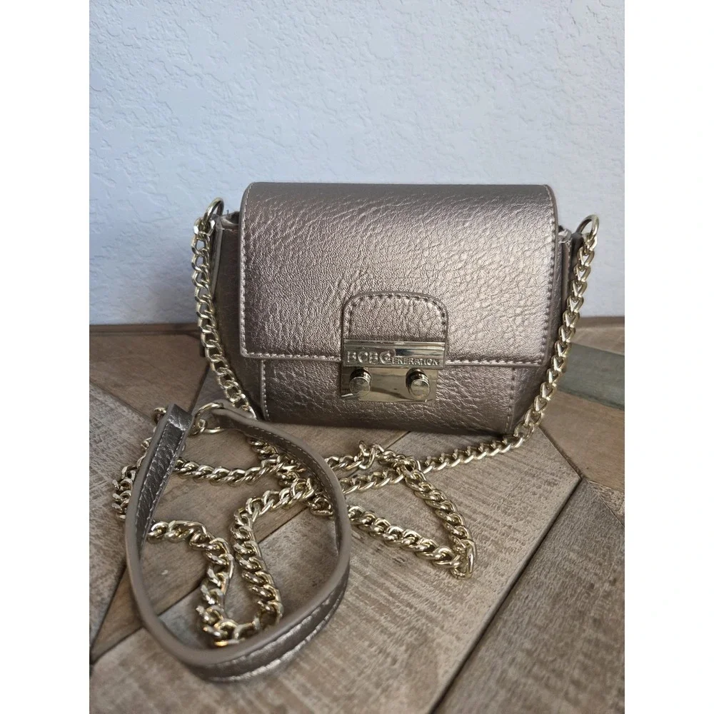 BCBGeneration Mini Crossbody Shiloh Grey Pewter Metallic‎ Gold Chain Formal