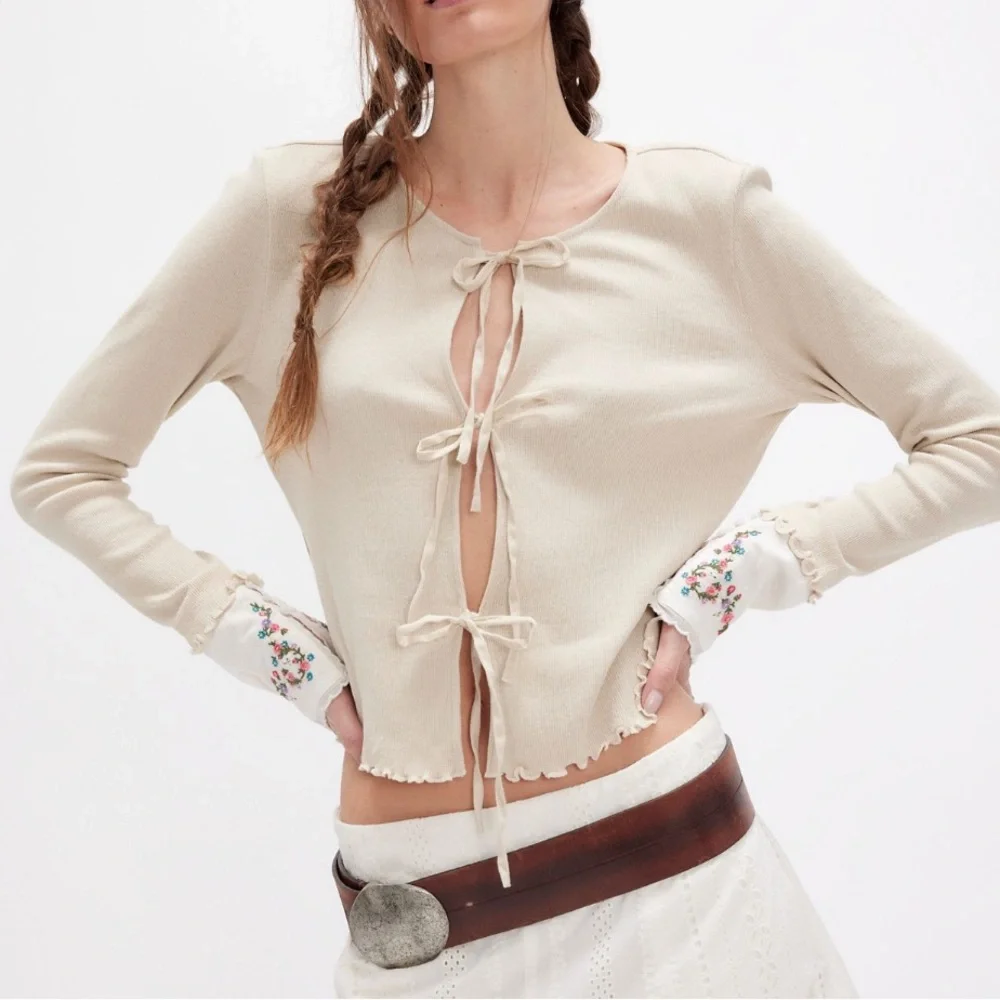 Free People Dipped in Tie-Front Long Sleeve Top with Embroidered Cuffs NWOT