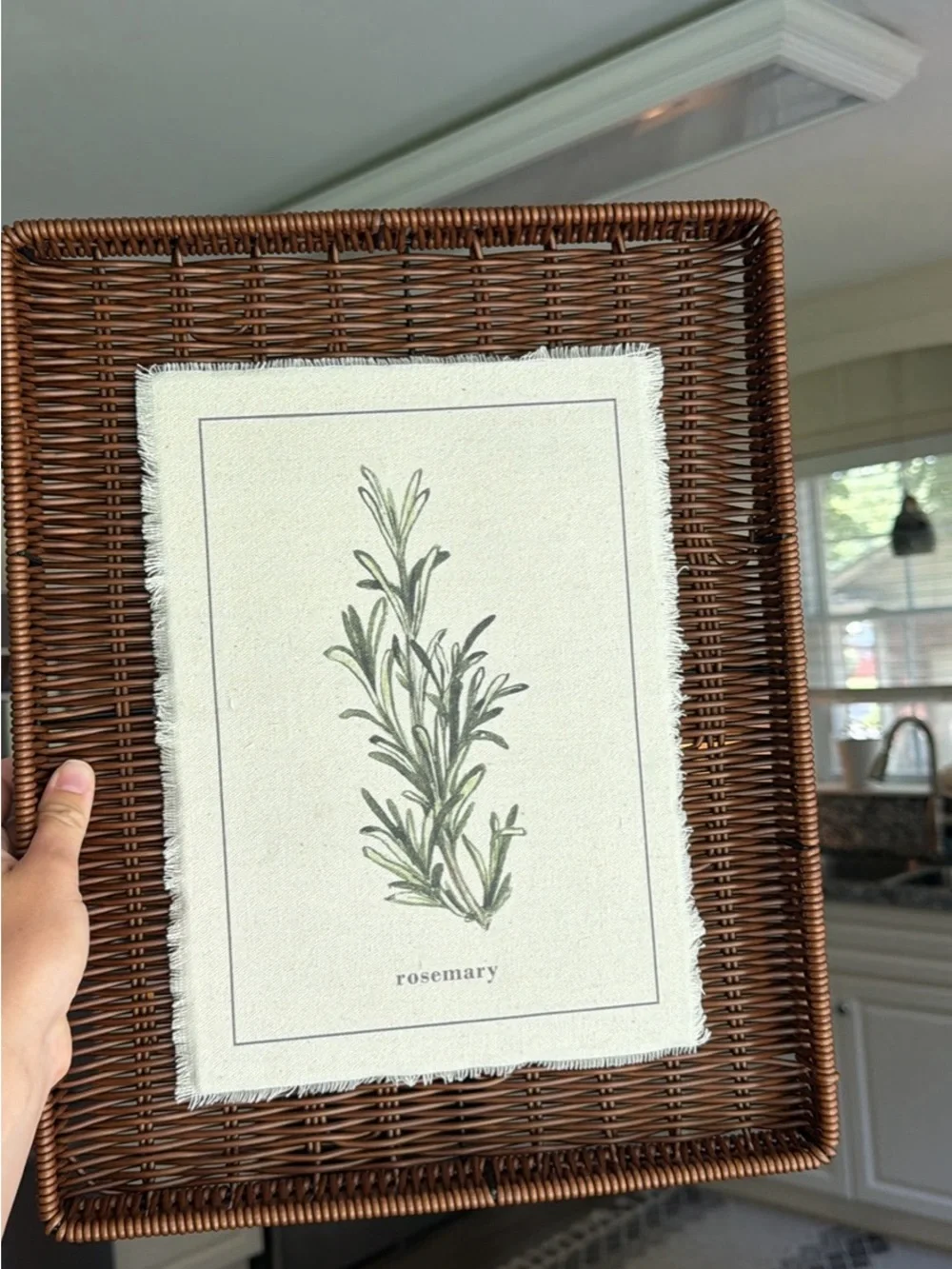 Brown Wicker Tray with Green Thyme & rosemary Botanical Print