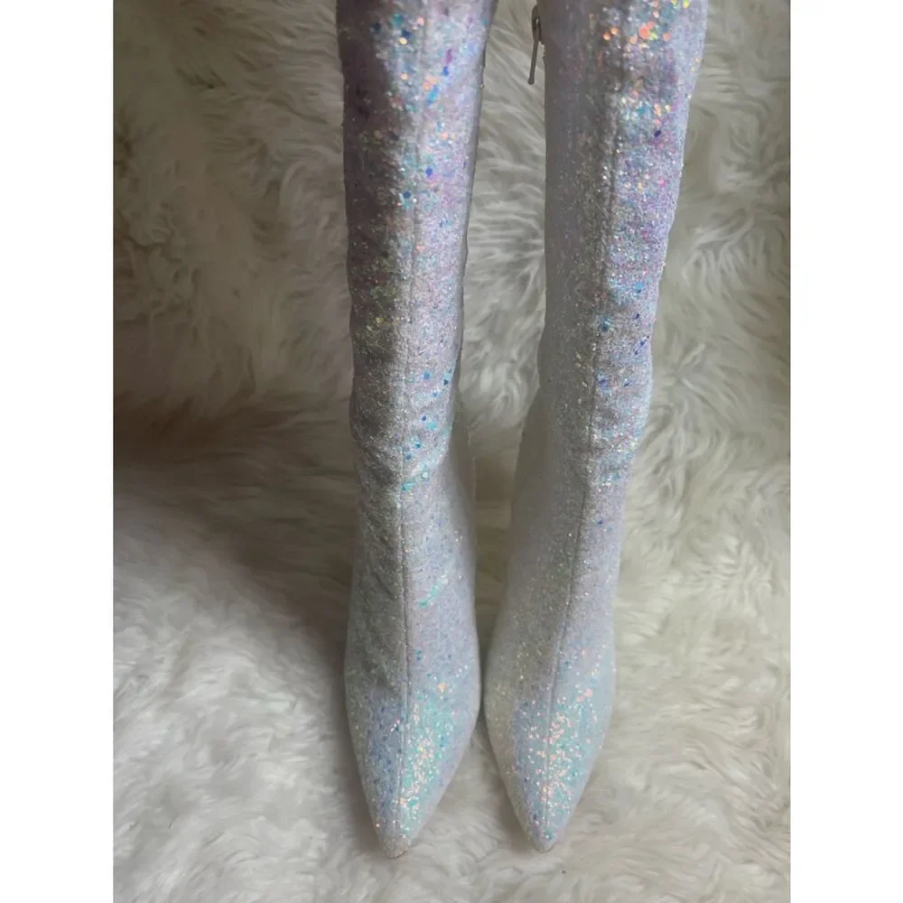 Pleaser Courtly 3015 synthetic white Iridescent glitter over the knee boots SZ13