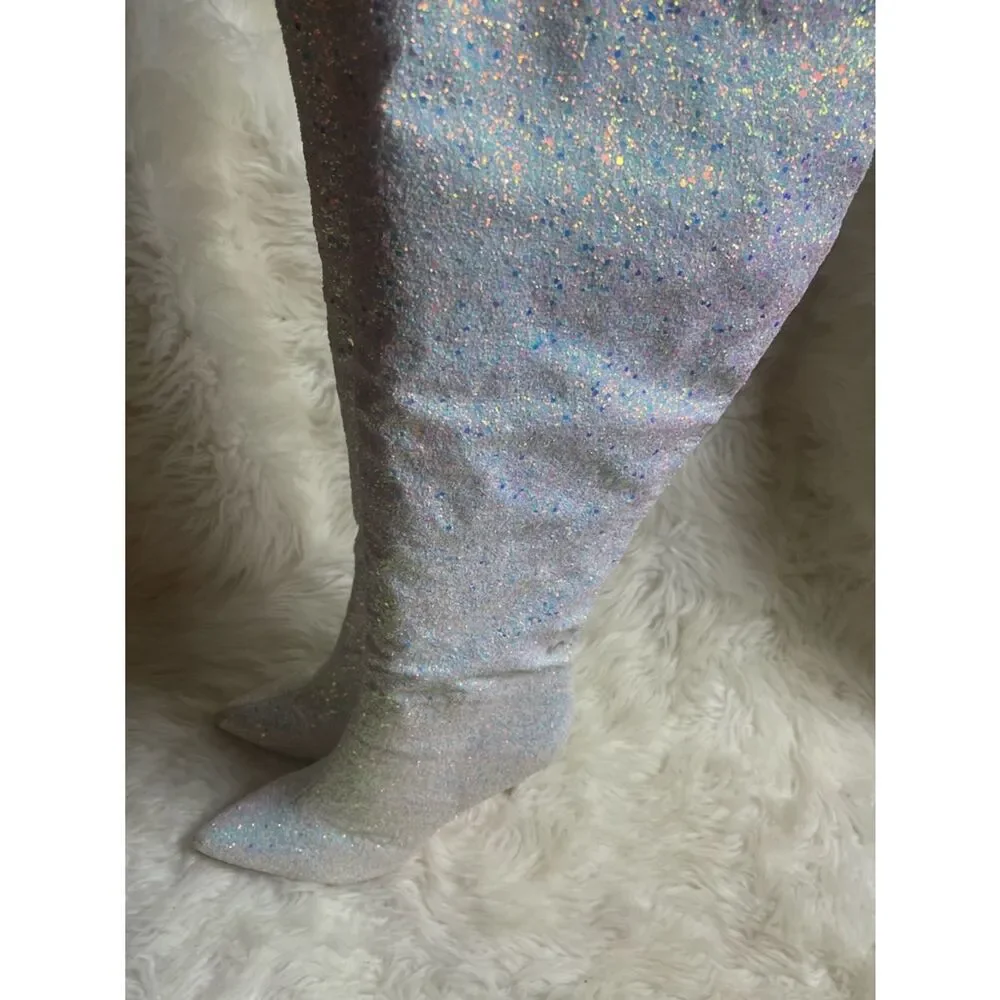 Pleaser Courtly 3015 synthetic white Iridescent glitter over the knee boots SZ13