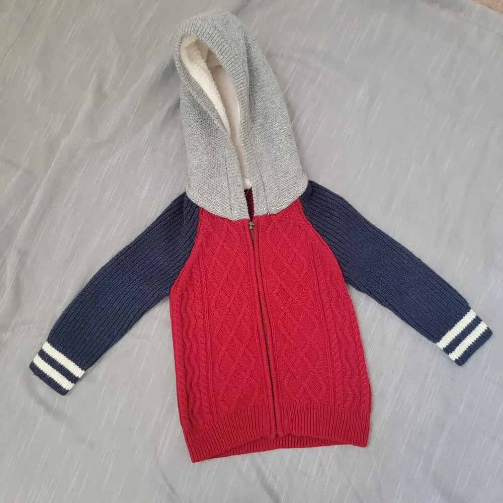 Baby Gap Full Zip Cable Knit Hoodie Sz 2T‎ Red Blue Gray Wool Blend Sweater New