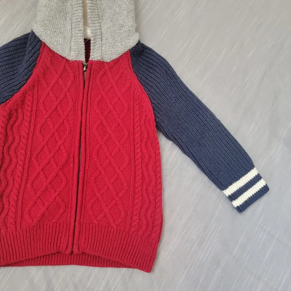 Baby Gap Full Zip Cable Knit Hoodie Sz 2T‎ Red Blue Gray Wool Blend Sweater New