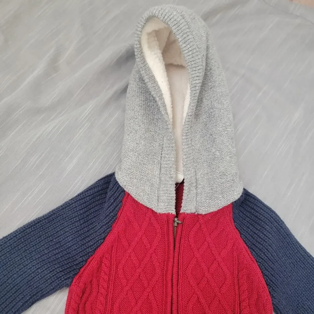 Baby Gap Full Zip Cable Knit Hoodie Sz 2T‎ Red Blue Gray Wool Blend Sweater New