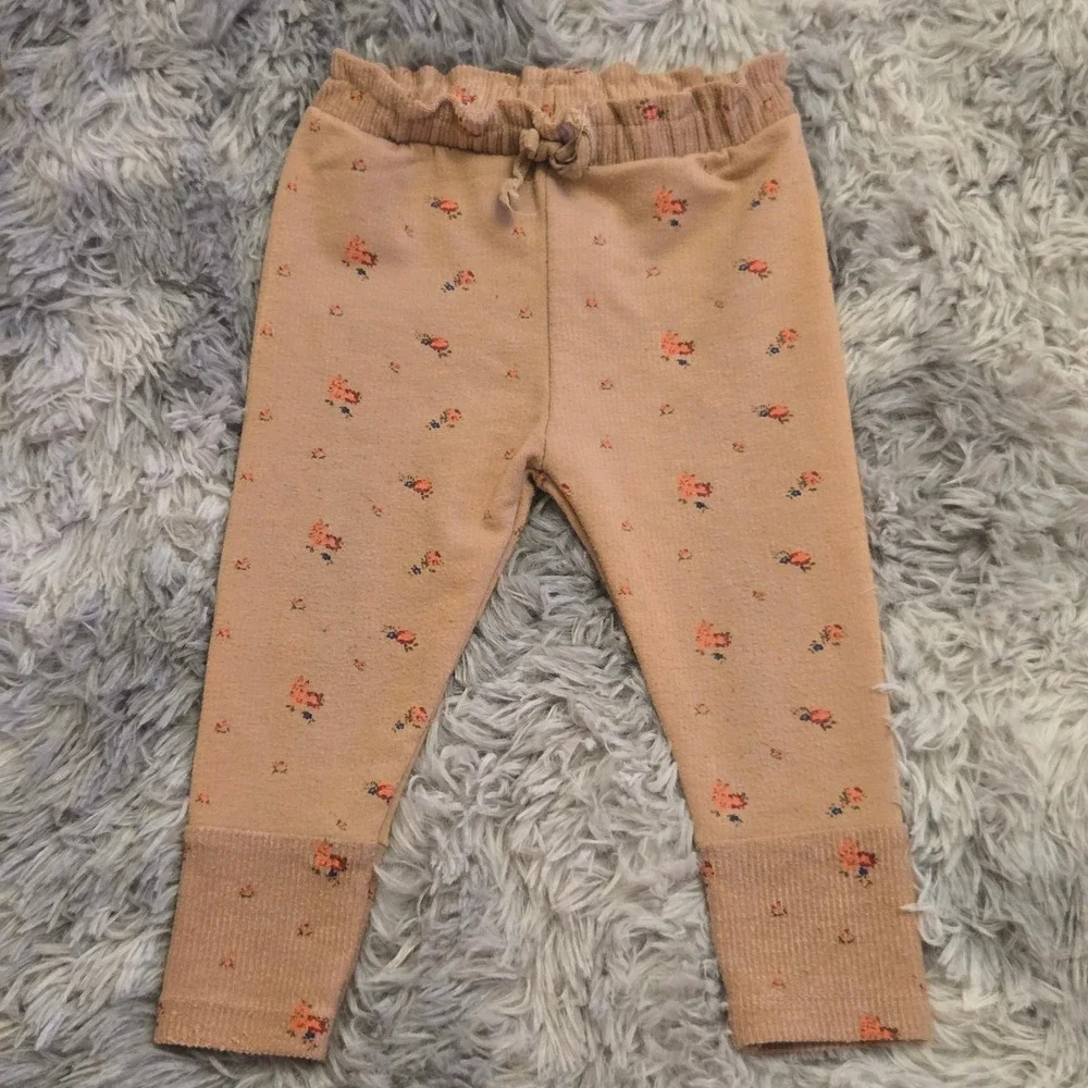 Zara Baby Floral Knit Leggings Tan Beige Flower Print Ribbed Cuffs 12-18‎ Months
