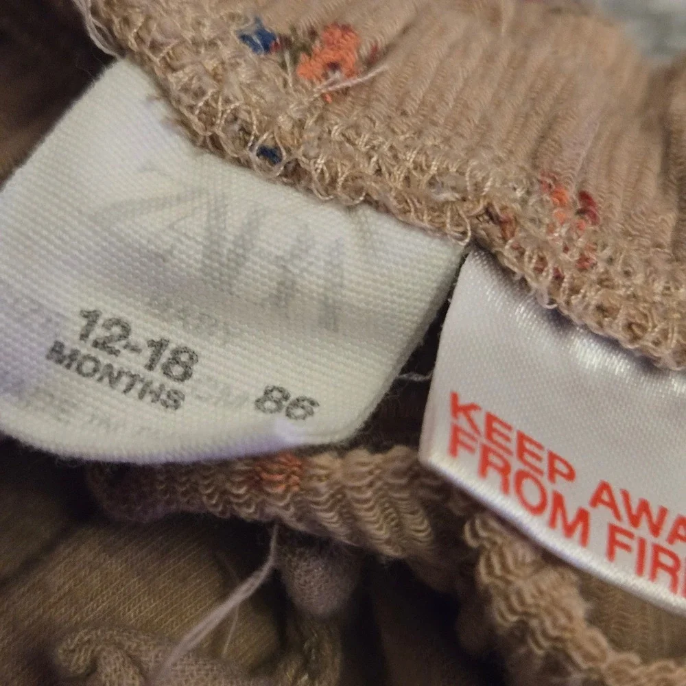 Zara Baby Floral Knit Leggings Tan Beige Flower Print Ribbed Cuffs 12-18‎ Months