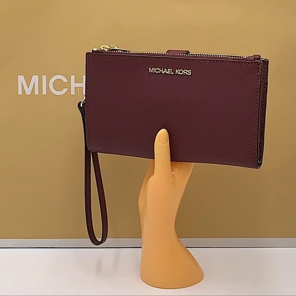 MICHAEL KORS LG DOUBLE ZIP WRISTLET MERLOT DARK CHERRY MULBERRY PHONE HOLDER NWT