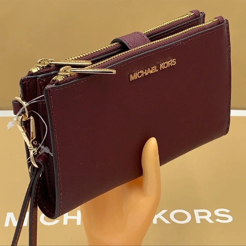 MICHAEL KORS LG DOUBLE ZIP WRISTLET MERLOT DARK CHERRY MULBERRY PHONE HOLDER NWT