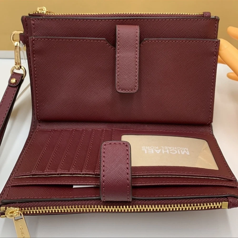 MICHAEL KORS LG DOUBLE ZIP WRISTLET MERLOT DARK CHERRY MULBERRY PHONE HOLDER NWT