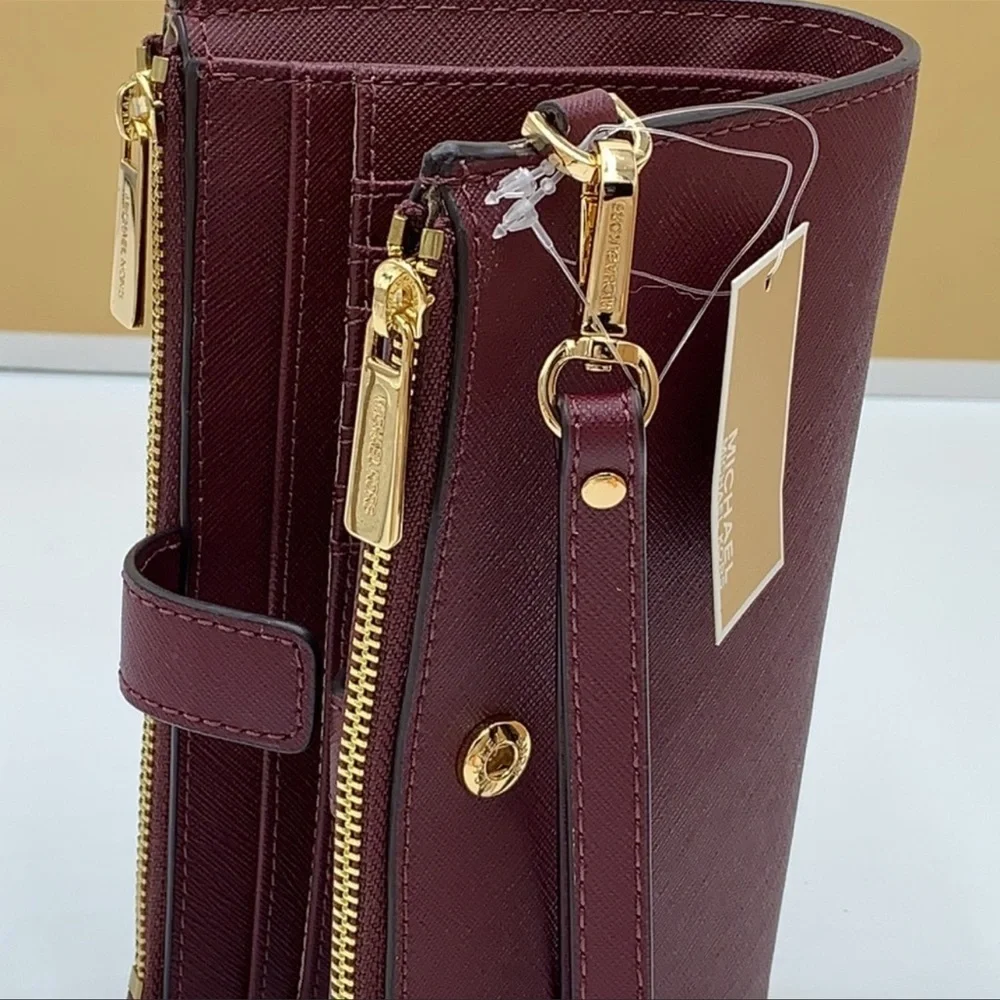 MICHAEL KORS LG DOUBLE ZIP WRISTLET MERLOT DARK CHERRY MULBERRY PHONE HOLDER NWT
