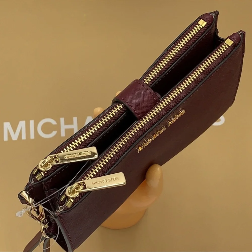 MICHAEL KORS LG DOUBLE ZIP WRISTLET MERLOT DARK CHERRY MULBERRY PHONE HOLDER NWT