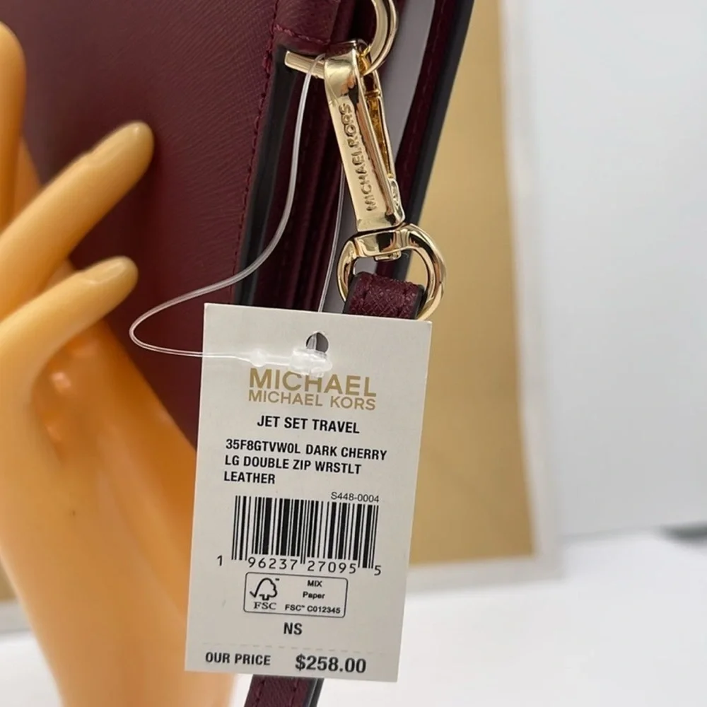 MICHAEL KORS LG DOUBLE ZIP WRISTLET MERLOT DARK CHERRY MULBERRY PHONE HOLDER NWT