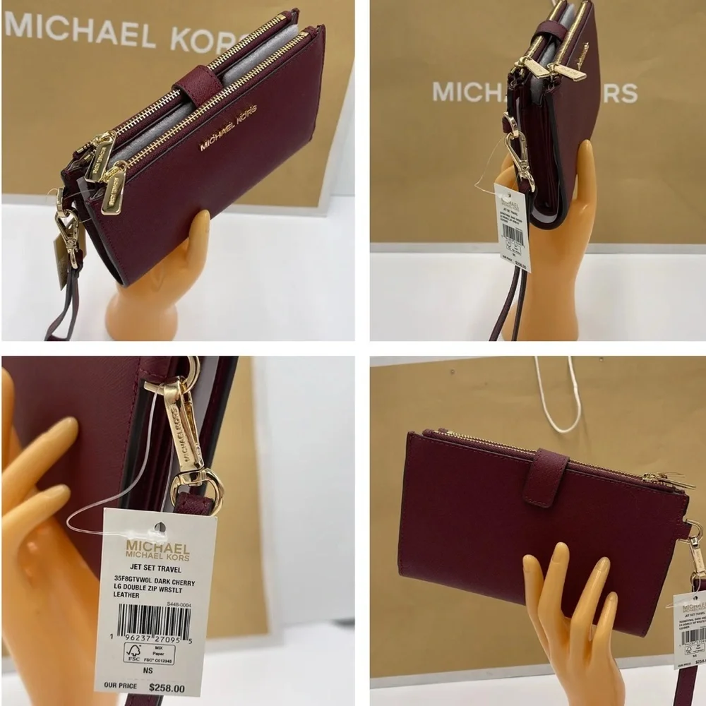MICHAEL KORS LG DOUBLE ZIP WRISTLET MERLOT DARK CHERRY MULBERRY PHONE HOLDER NWT