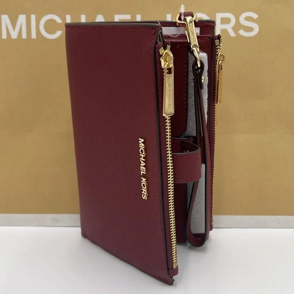 MICHAEL KORS LG DOUBLE ZIP WRISTLET MERLOT DARK CHERRY MULBERRY PHONE HOLDER NWT