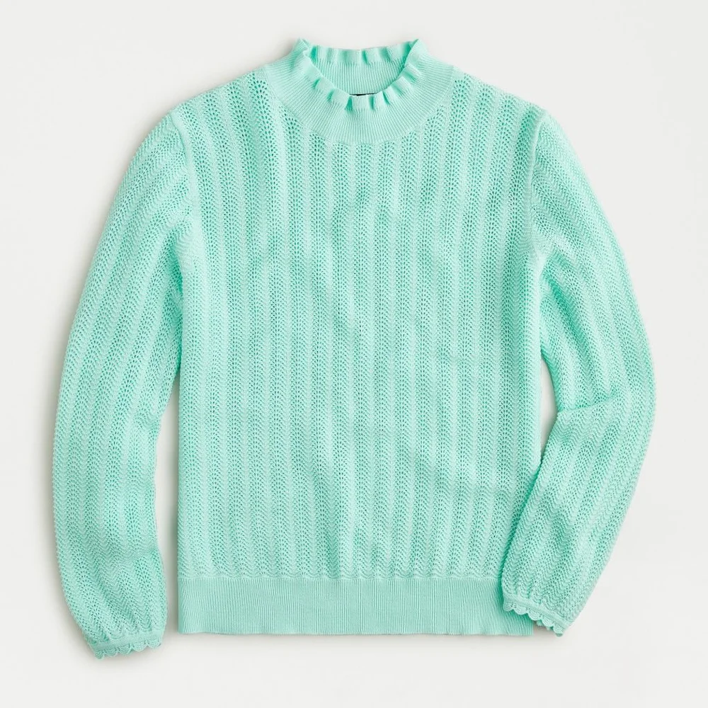 J. Crew Pointelle ruffle mockneck sweater pastel mint green aqua women's small