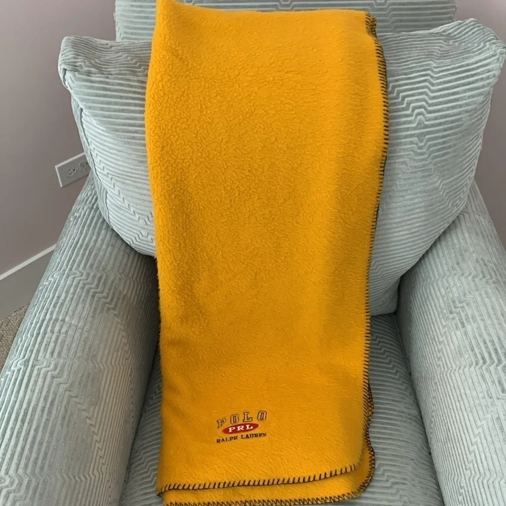 Vintage Ralph Lauren Gold Fleece Decorative Blanket w/ RL Logo. 70X50