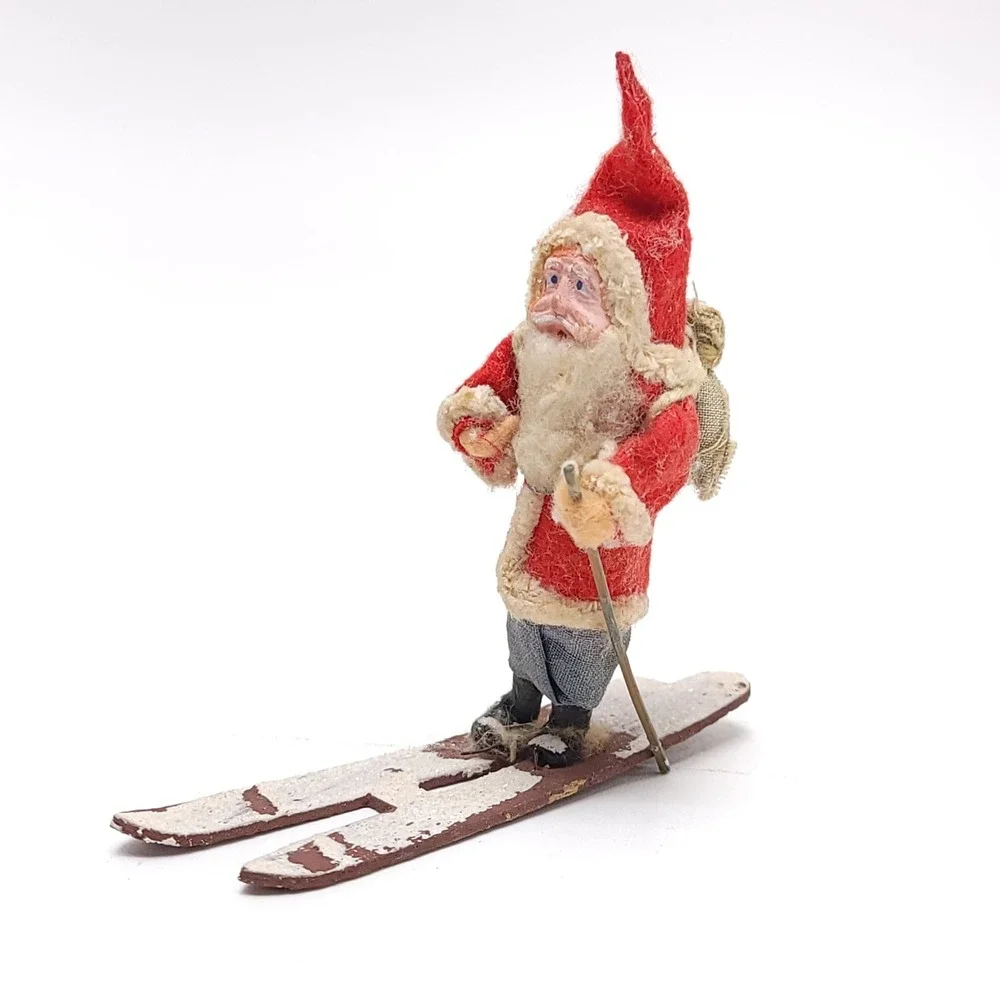 Vintage Miniature Skiing Santa Claus Figurine Felt Wood Mid Century Christmas 4