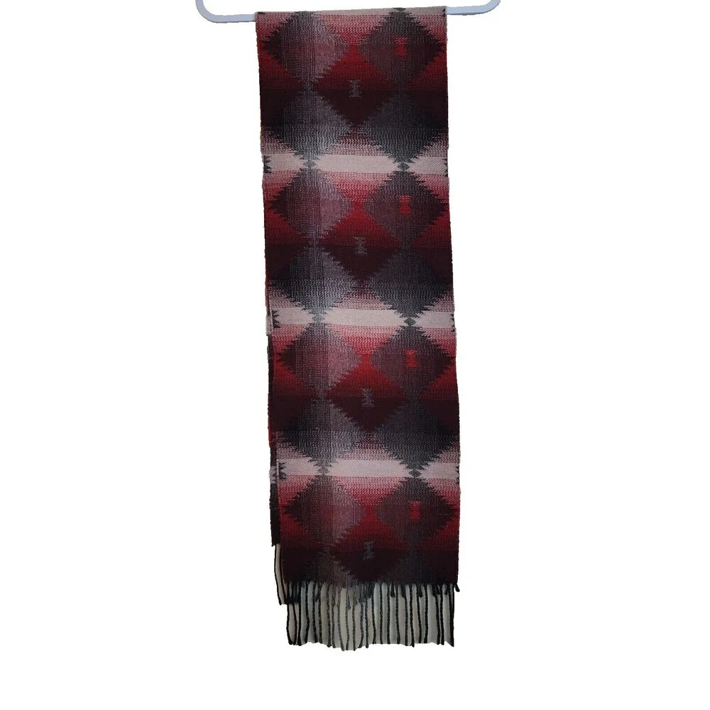 Cejon Scarf Made in Italy Tribal Geometric Pattern Grey Red Fringe 10.5