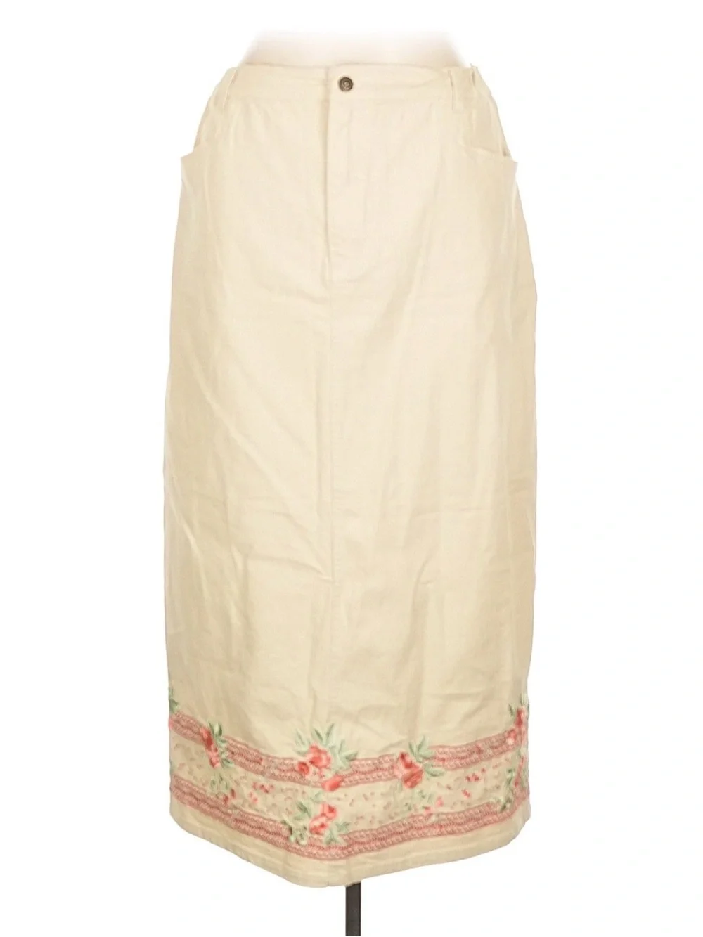 Denim&Co Vintage 90s Denim Cream Maxi Skirt with Pink Floral Embroidery, Sz L