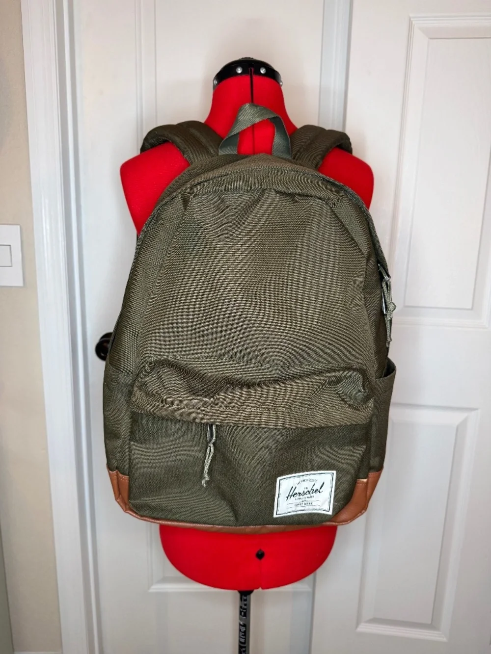 Herschel Heritage Backpack Army Green Canvas Faux Brown Leather Bottom Backpack