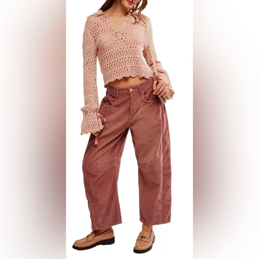 Free People Pointelle Knit Collared Sweater, Mauve Rose, Size M