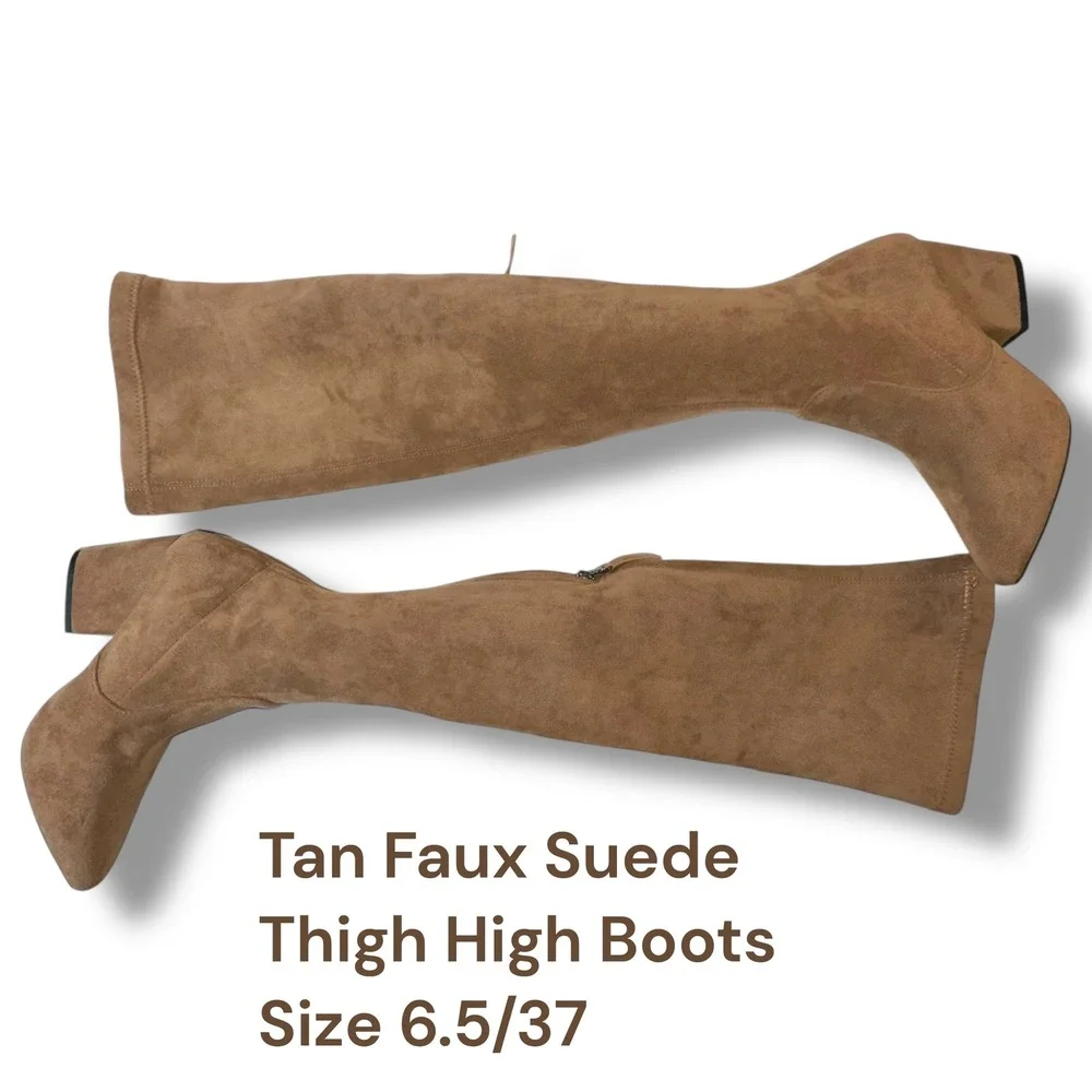 Tan Faux Suede Thigh High Boots Pointed Toe Sexy Over‎ the Knee Size 6.5/37 NEW