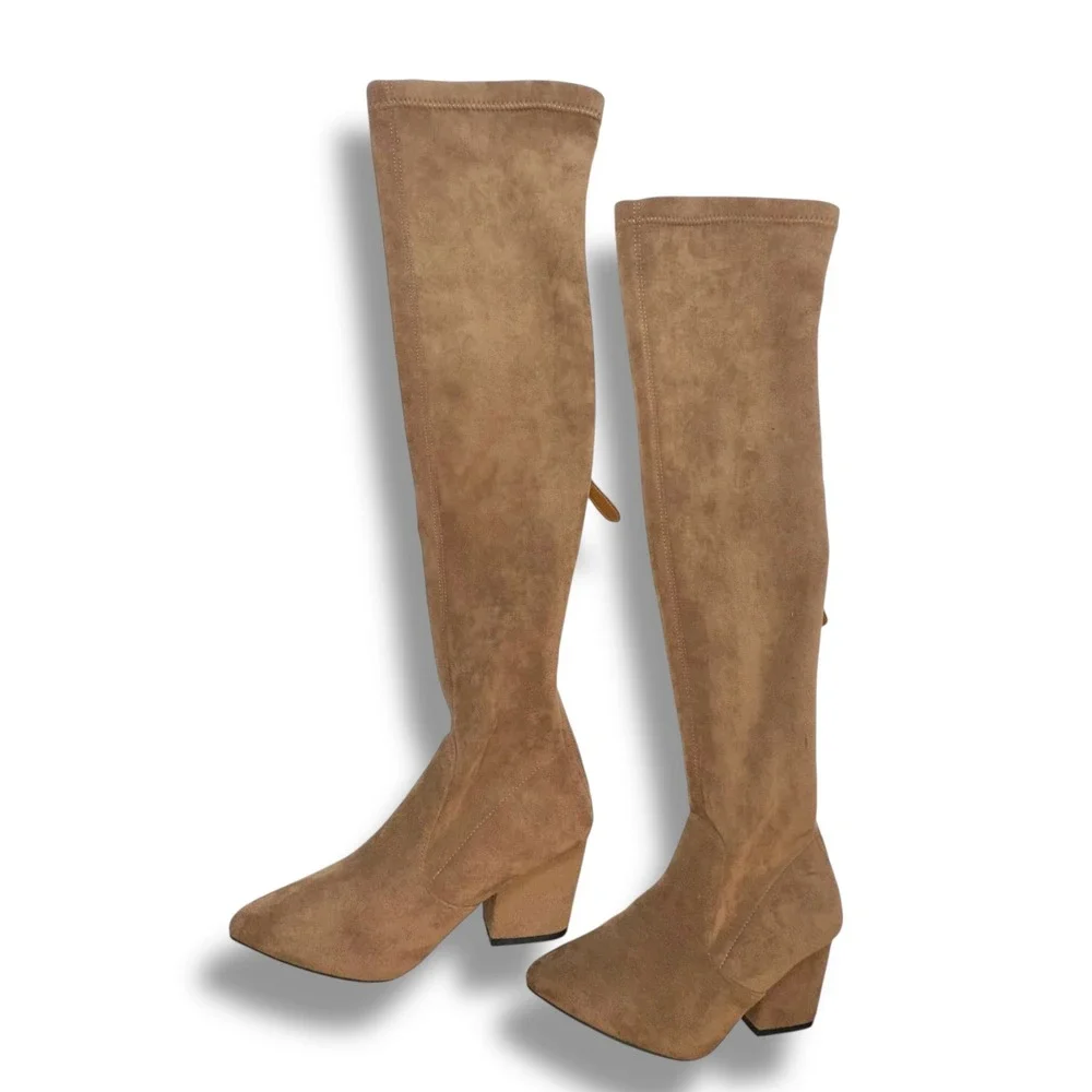 Tan Faux Suede Thigh High Boots Pointed Toe Sexy Over‎ the Knee Size 6.5/37 NEW
