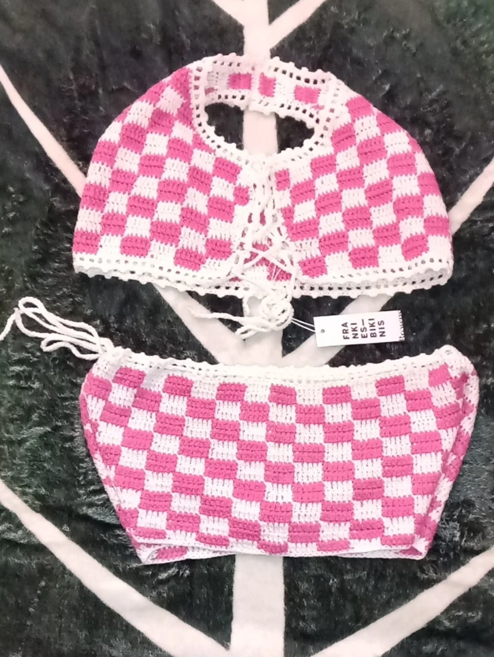 Frankie’s Bikinis NWT SET Pink Checkers Crochet Bikini Ingred Top