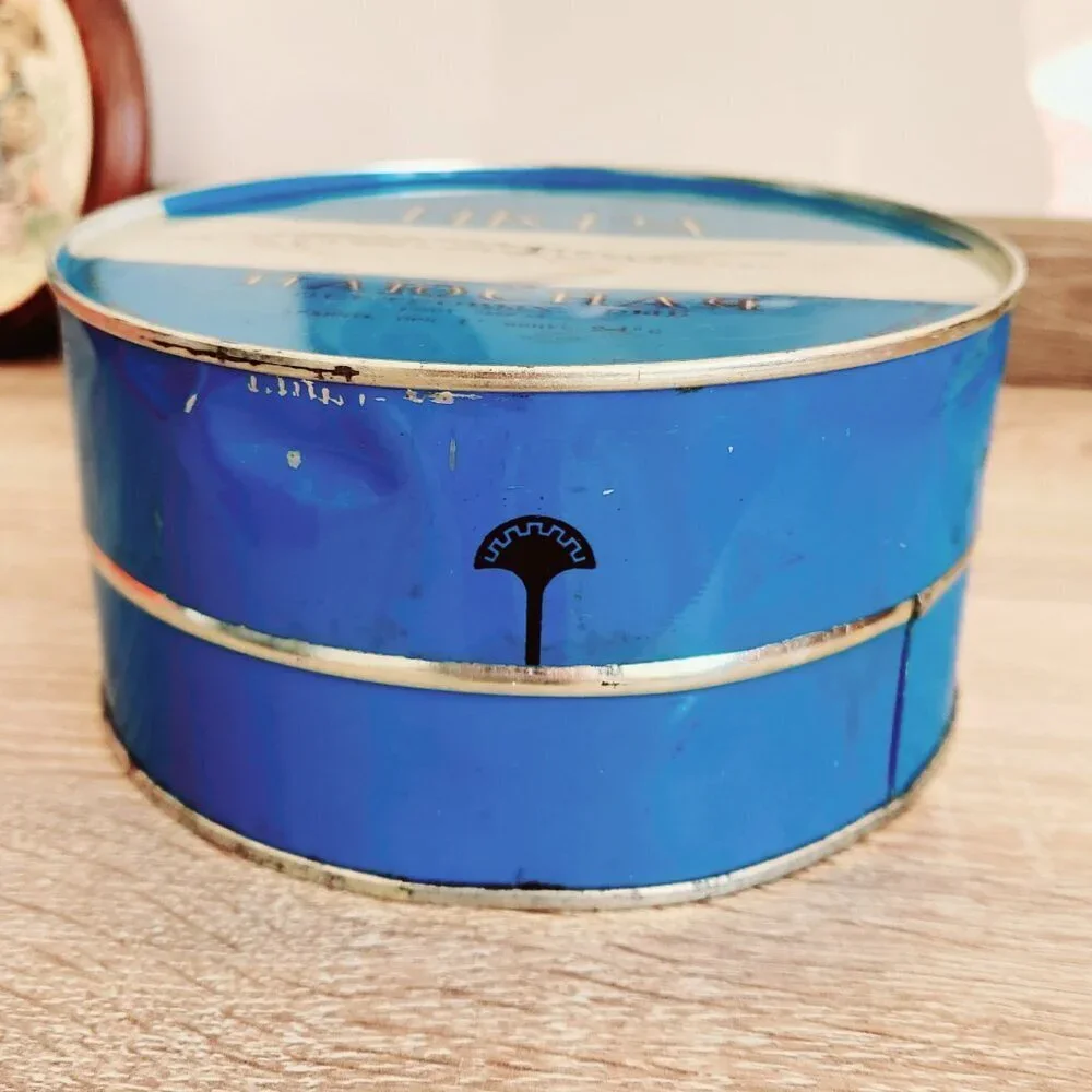 Vintage Soviet Union USSR Fish Caviar Ikra Blue Metal Storage Tin 6.25