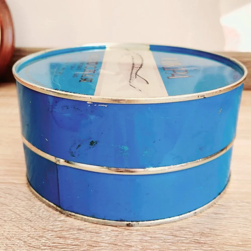 Vintage Soviet Union USSR Fish Caviar Ikra Blue Metal Storage Tin 6.25