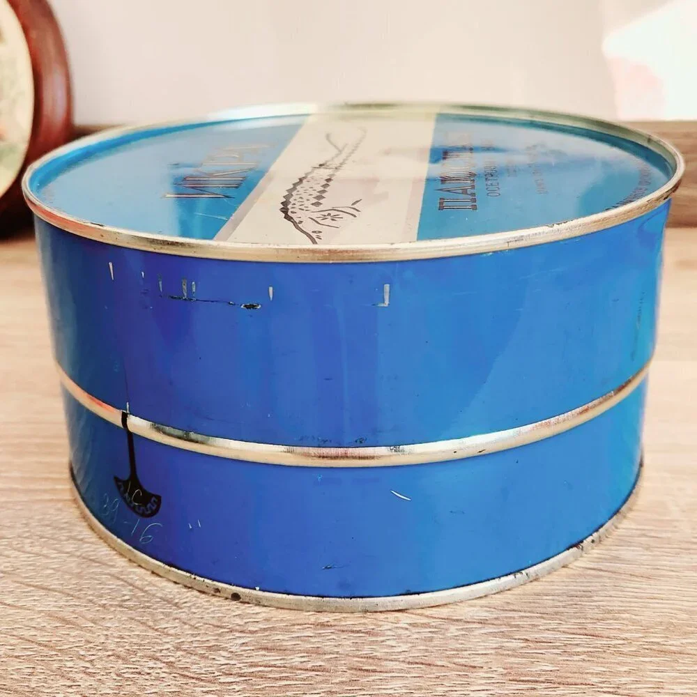 Vintage Soviet Union USSR Fish Caviar Ikra Blue Metal Storage Tin 6.25
