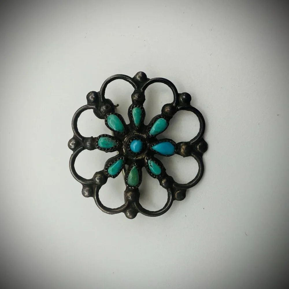 Vintage Sterling Silver Turquoise Cluster Brooch