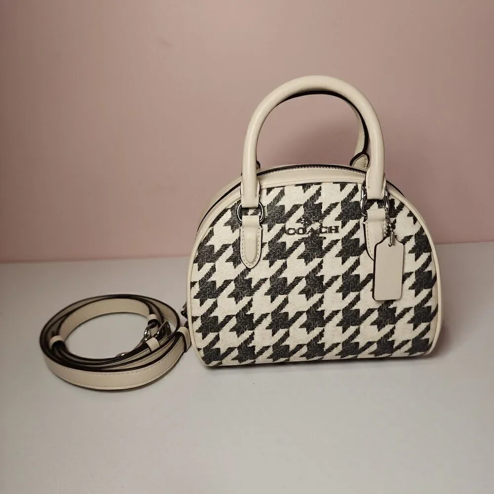 NWT COACH CJ628 SYDNEY SATCHEL HOUNDSTOOTH PRINT BAG CROSSBODY Cream