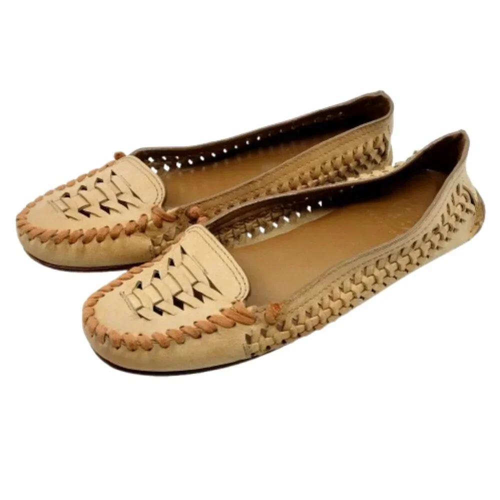 TORY BURCH~Woven Nadia~Driver Moccasin Tan Leather Loafer Womens Shoes Size 7