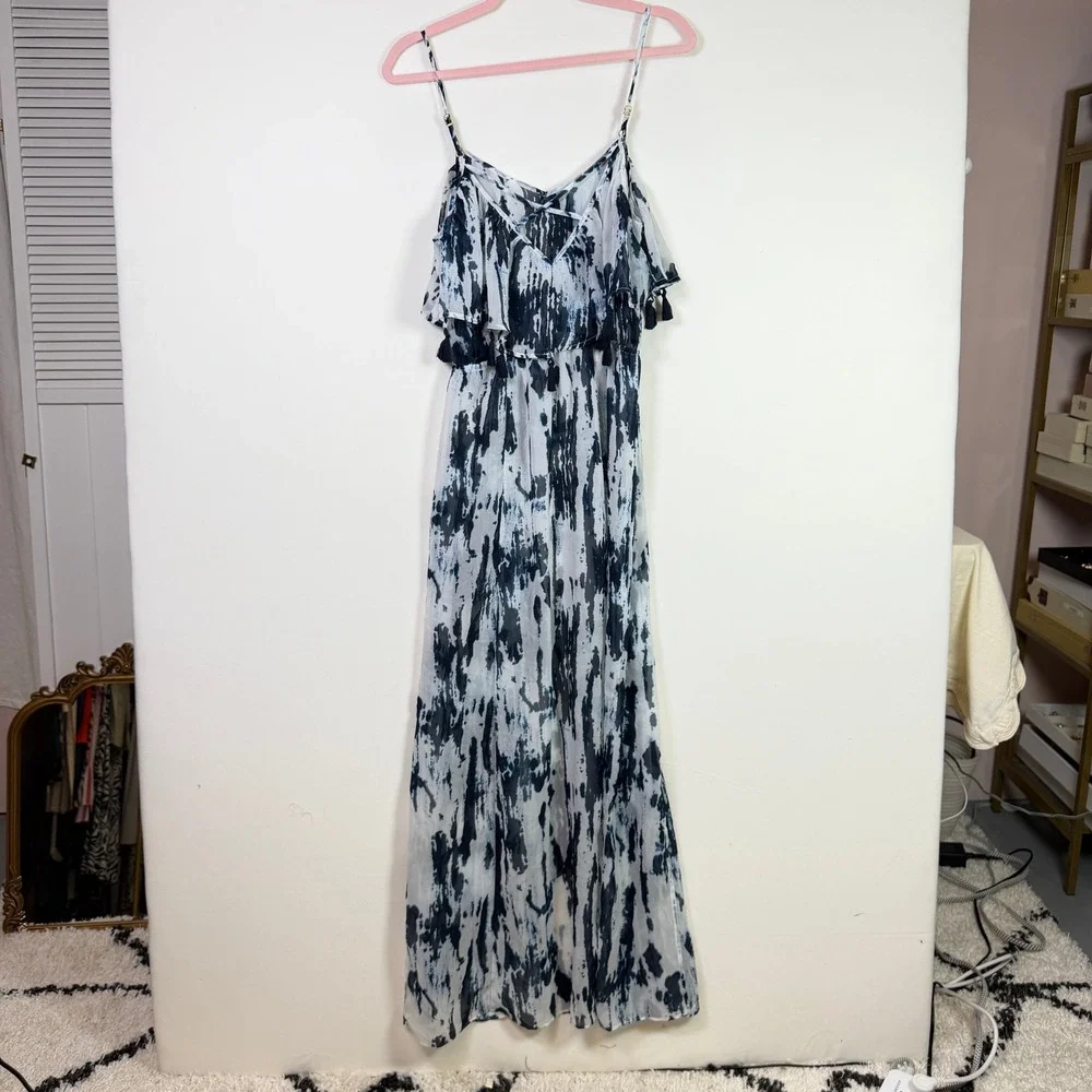 ABERCROMBIE & FITCH Blue White Tie Dye Ruffle Tassel Maxi Dress Small
