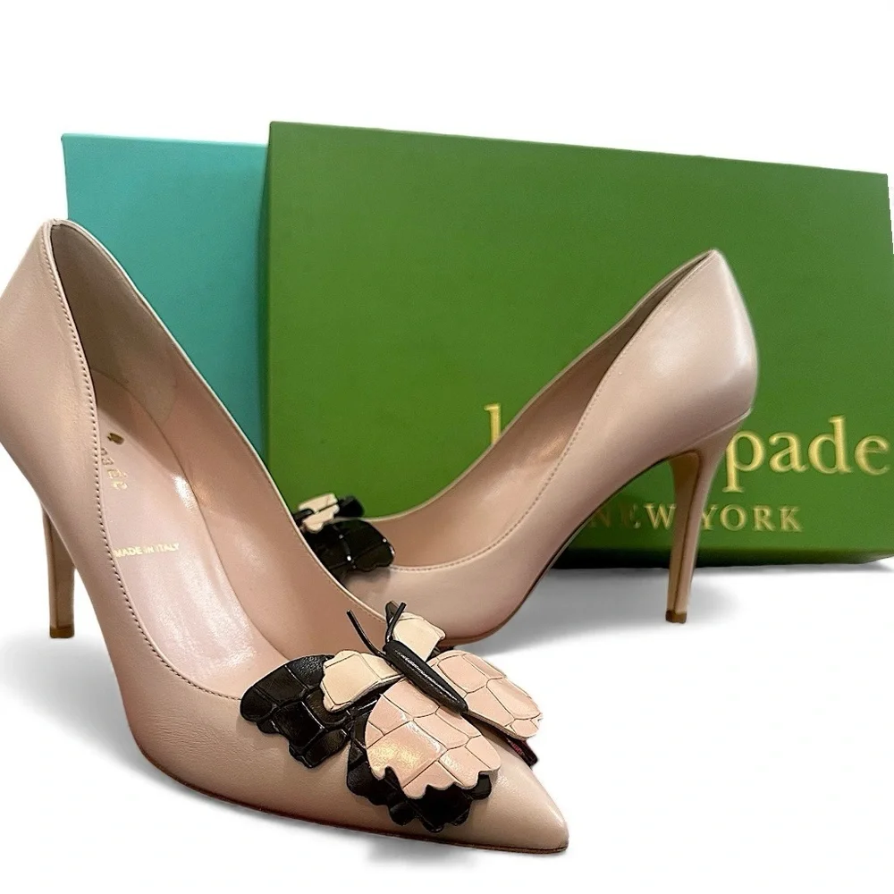 New Kate Spade Laurie Heels Butterfly Women’s 6.5 w/ Box Pale Pink Nappa Leather