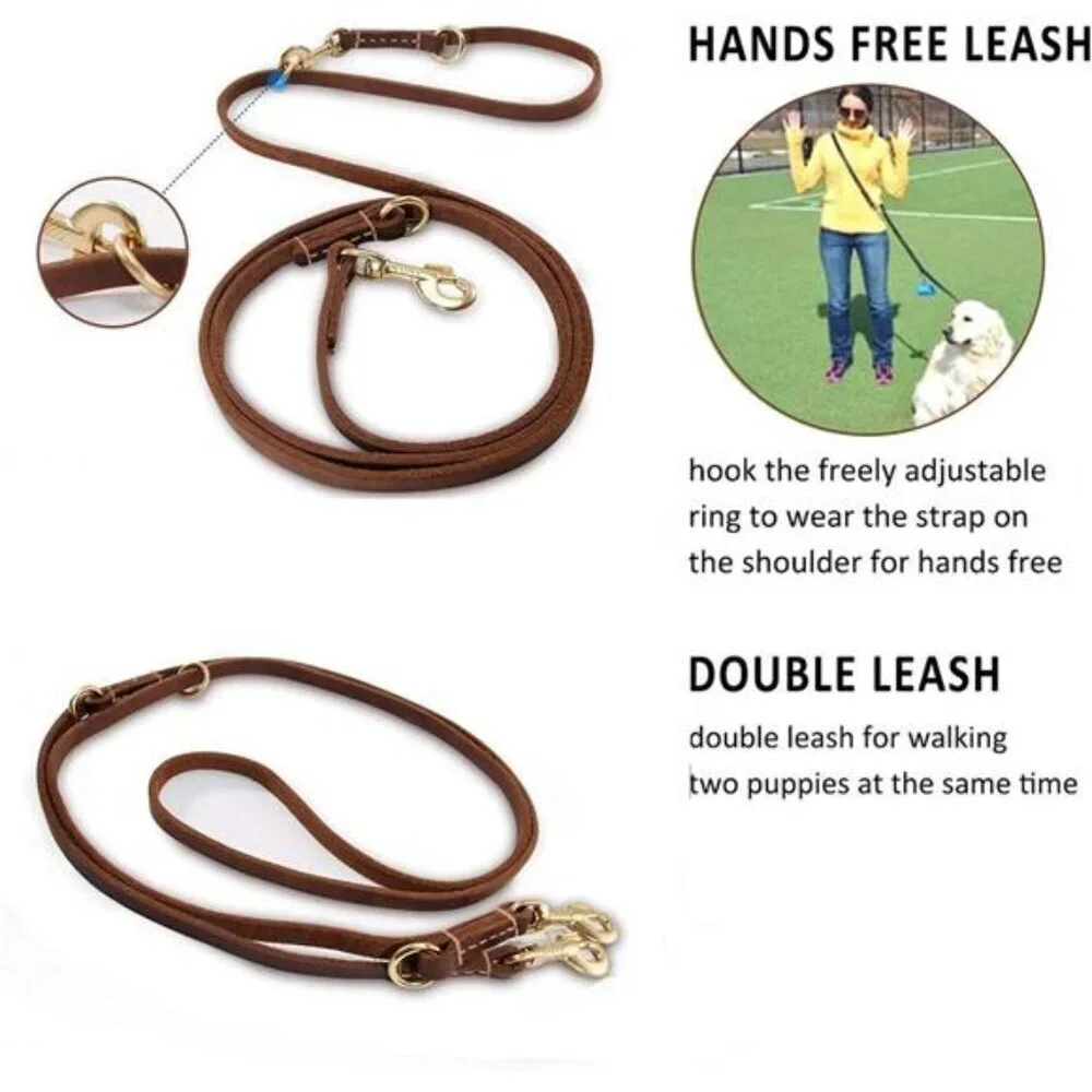 Multi Function 8ft Leather Dog Leash, Genuine Leather Hands Free Leash