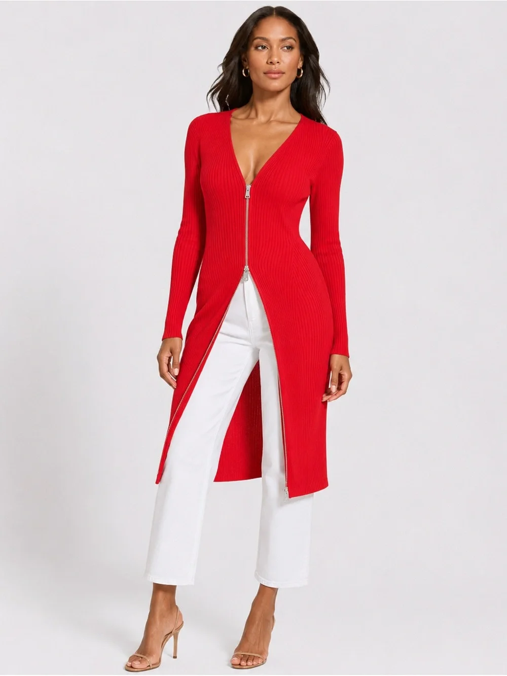 DKNY Ribbed Knit Two Way Zip Cardigan Dress Long Duster Long Sleeve Red XS NWT