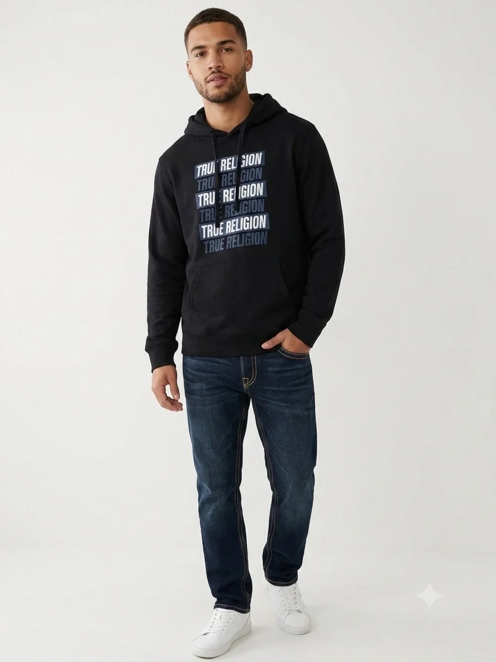 True Religion Men’s Slanted Repeat Logo Pullover Hoodie Black Size XXL (See PtP)