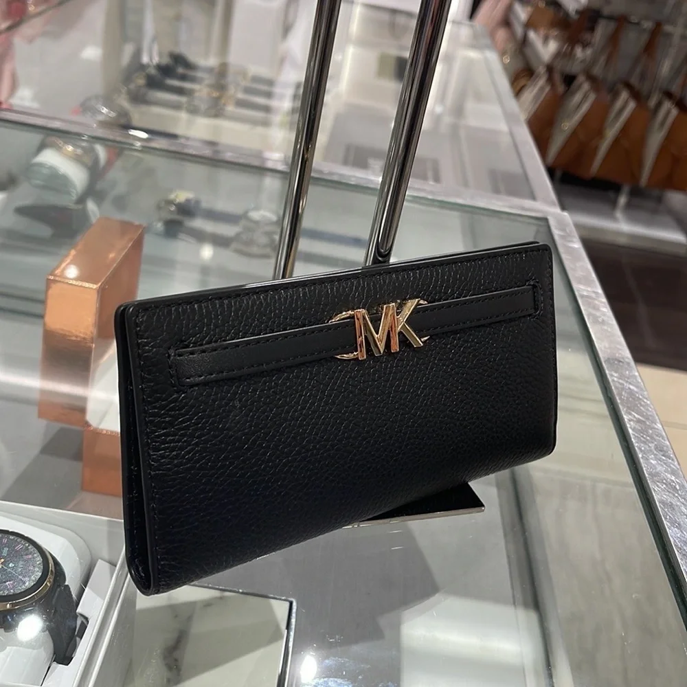 MICHAEL KORS Reed Large Pebbled Leather Snap Wallet Style# 35S3G6RE3L Black NWT