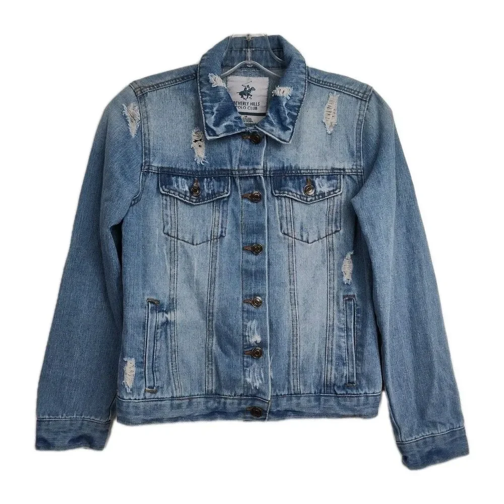 Beverly Hills Polo Club Denim Jacket Girls Size 14‎ Blue Distressed Button Close