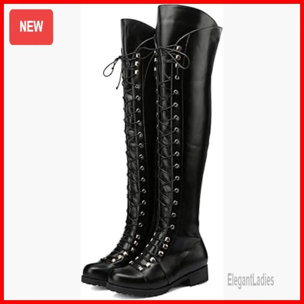 Over The Knee Flat Boots Lace-Up Riding Boots PU Leather 22.4