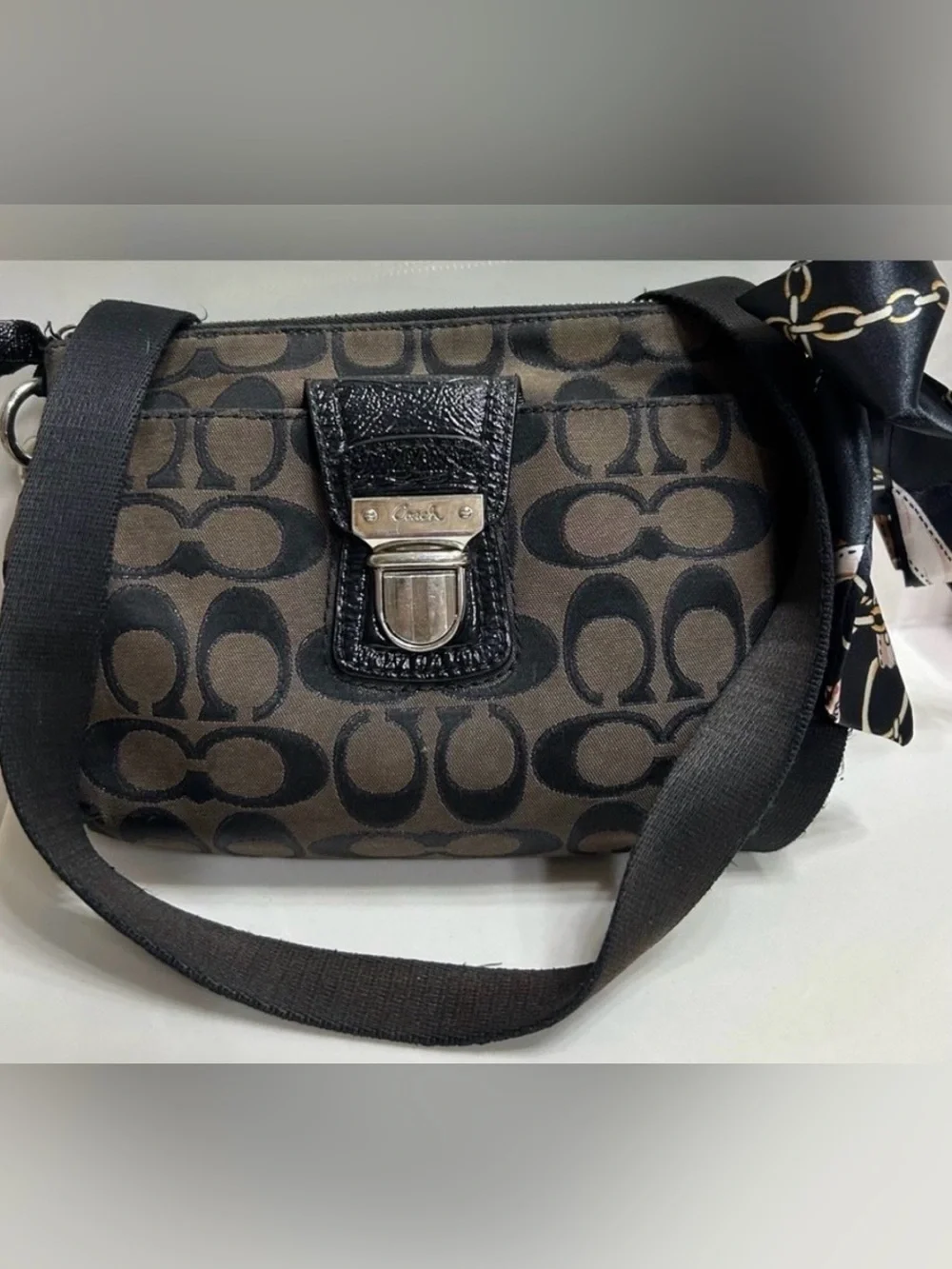 Coach Brown and Black Signature Crossbody with Scarf Accent