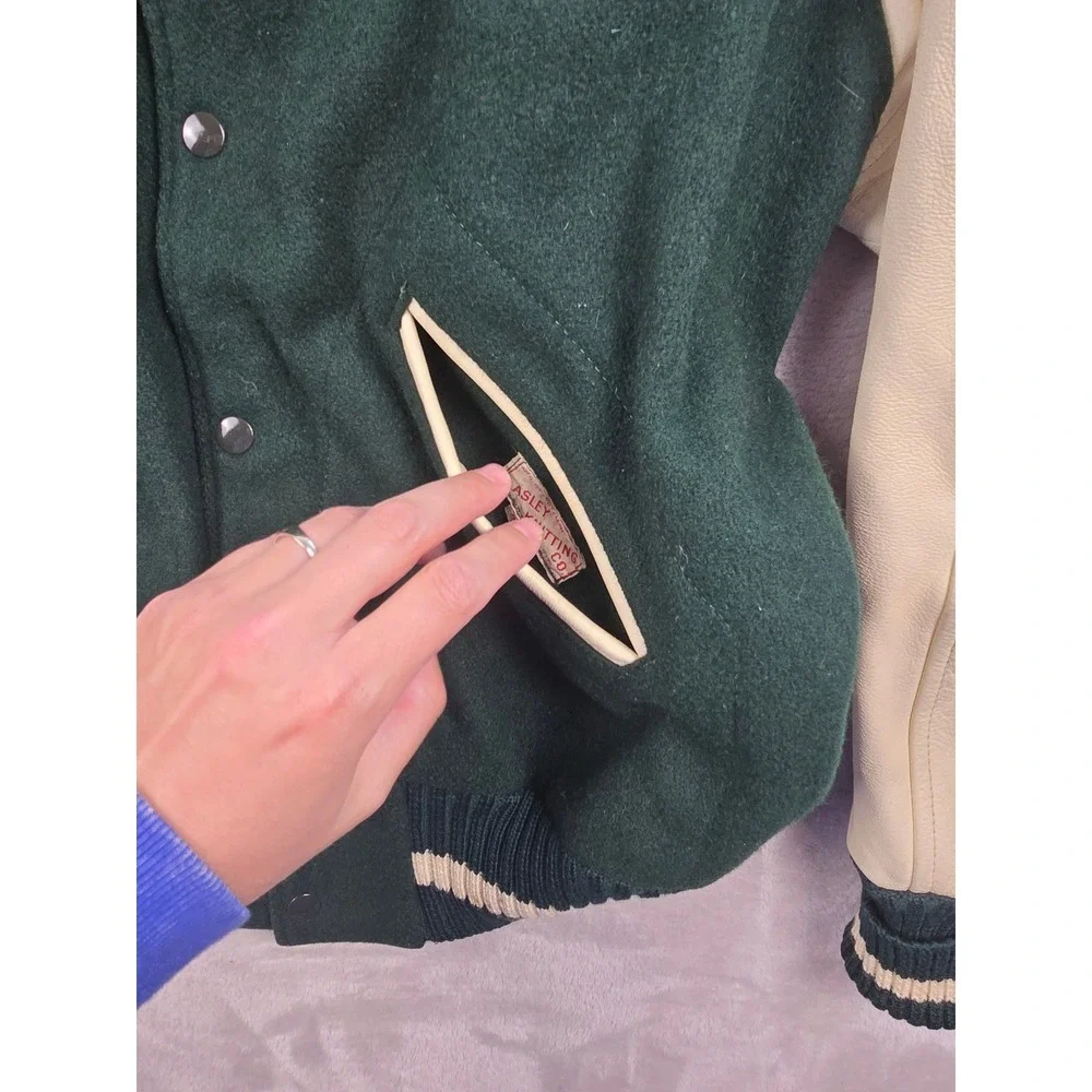 Vintage Lasley Knitting Co Varsity Jacket Mens 42 Green Wool Leather Bomber