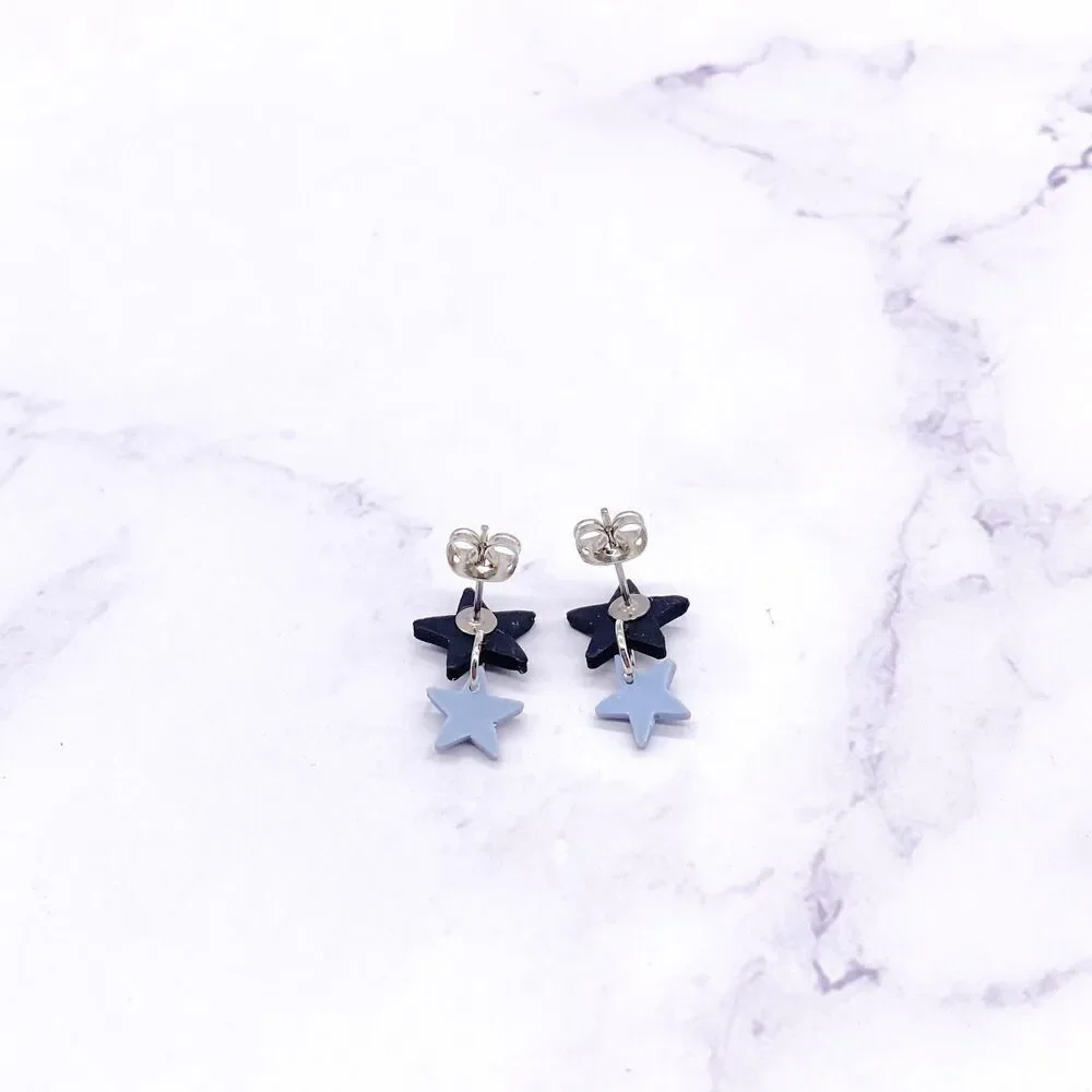 Black and Blue Small Star Dangle Stud Earrings